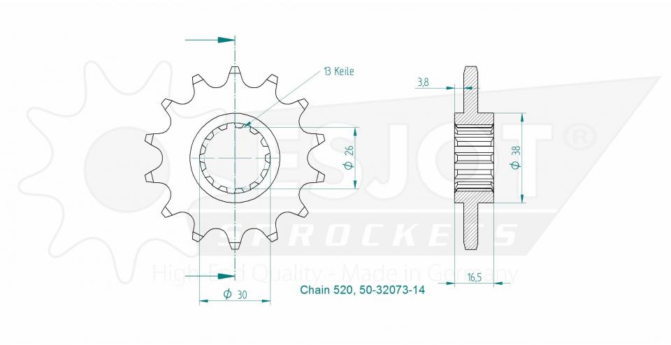 Pignon de sortie de boite Esjot pour moto 14 dents pas 520 Neuf