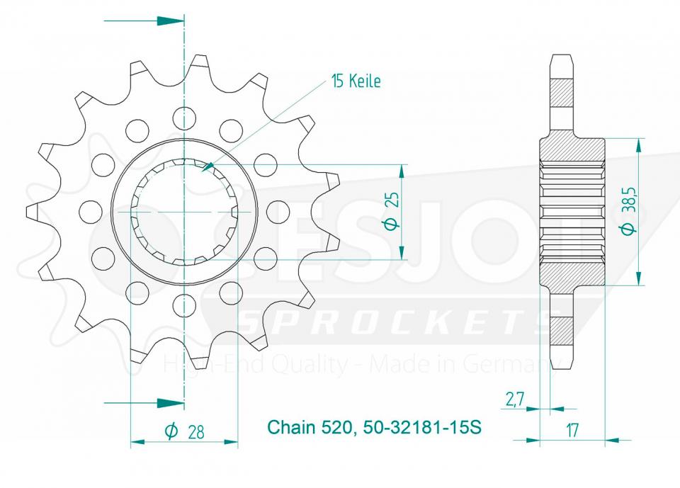 Pignon de sortie de boite Esjot pour Moto Ducati 899 Panigale 2014 à 2016 15 dents pas 520 Neuf