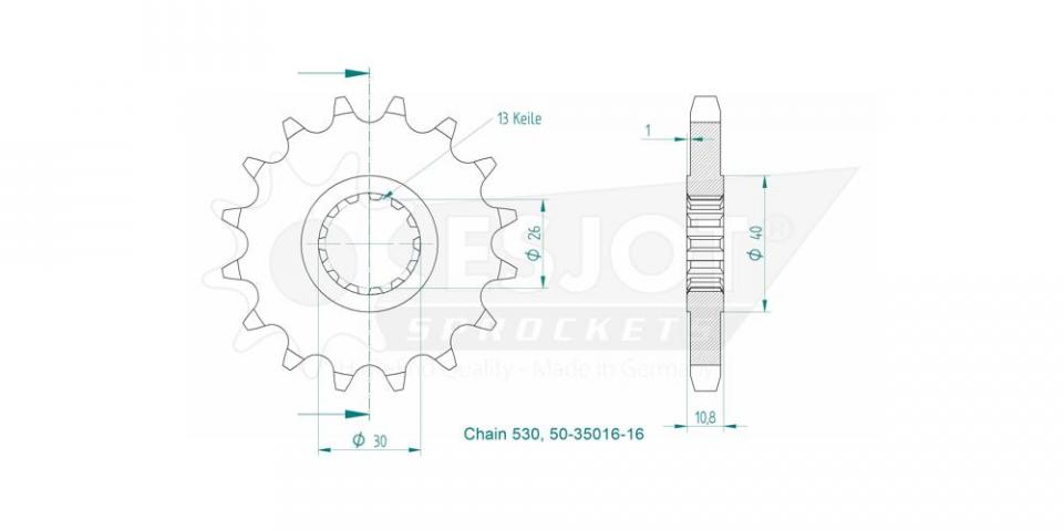 Pignon de sortie de boite Esjot pour Moto Yamaha 1200 Fj Sans Abs 1991 à 1992 16 dents pas 530 Neuf