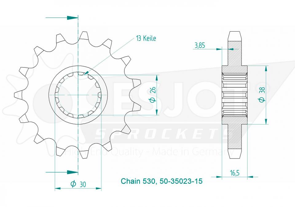 Pignon de sortie de boite Esjot pour Moto Honda 750 VFR F 1988 à 1997 16 dents pas 530 Neuf