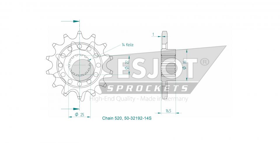 Pignon de sortie de boite Esjot pour moto 14 dents pas 520 Neuf