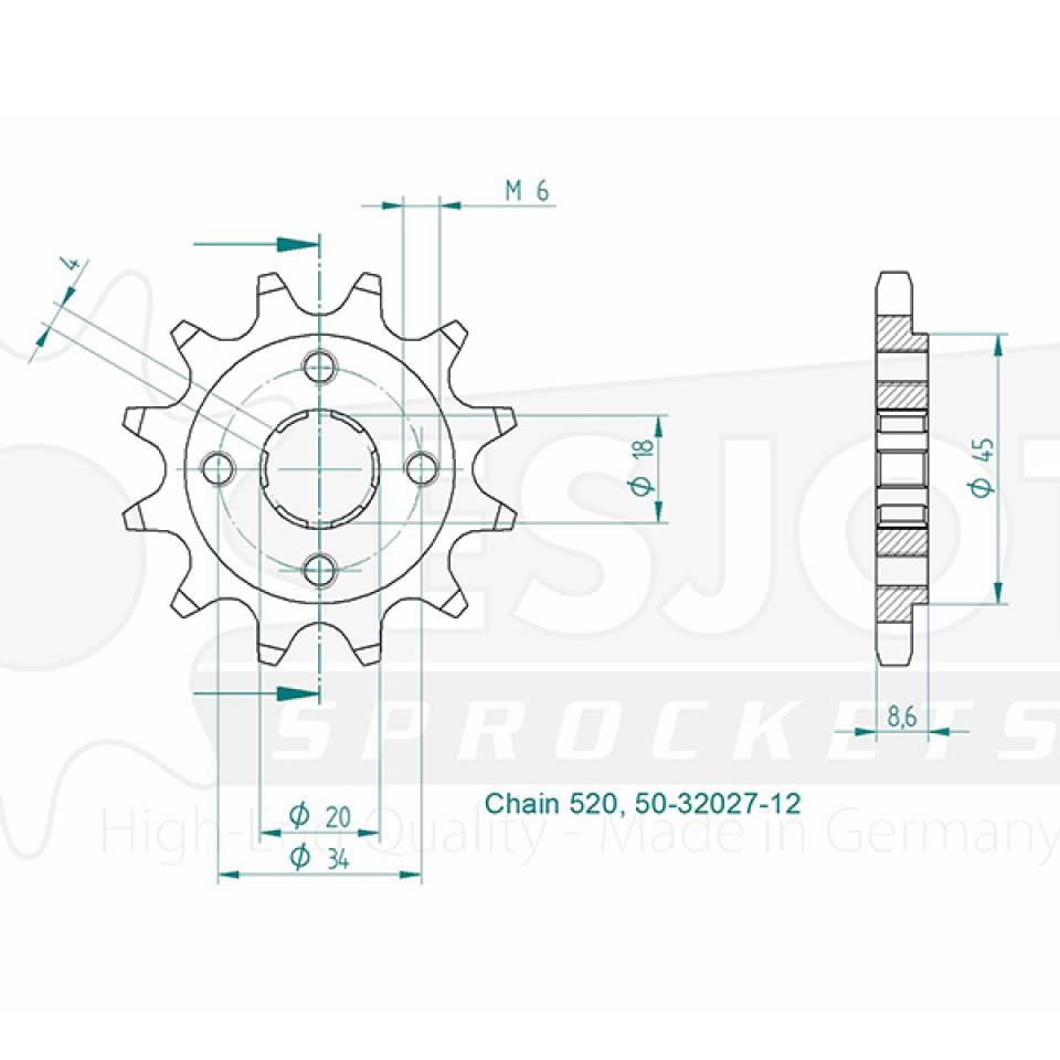 Pignon de sortie de boite Esjot pour Quad Barossa 170 Magna 2003 à 2012 12 dents pas 520 Neuf