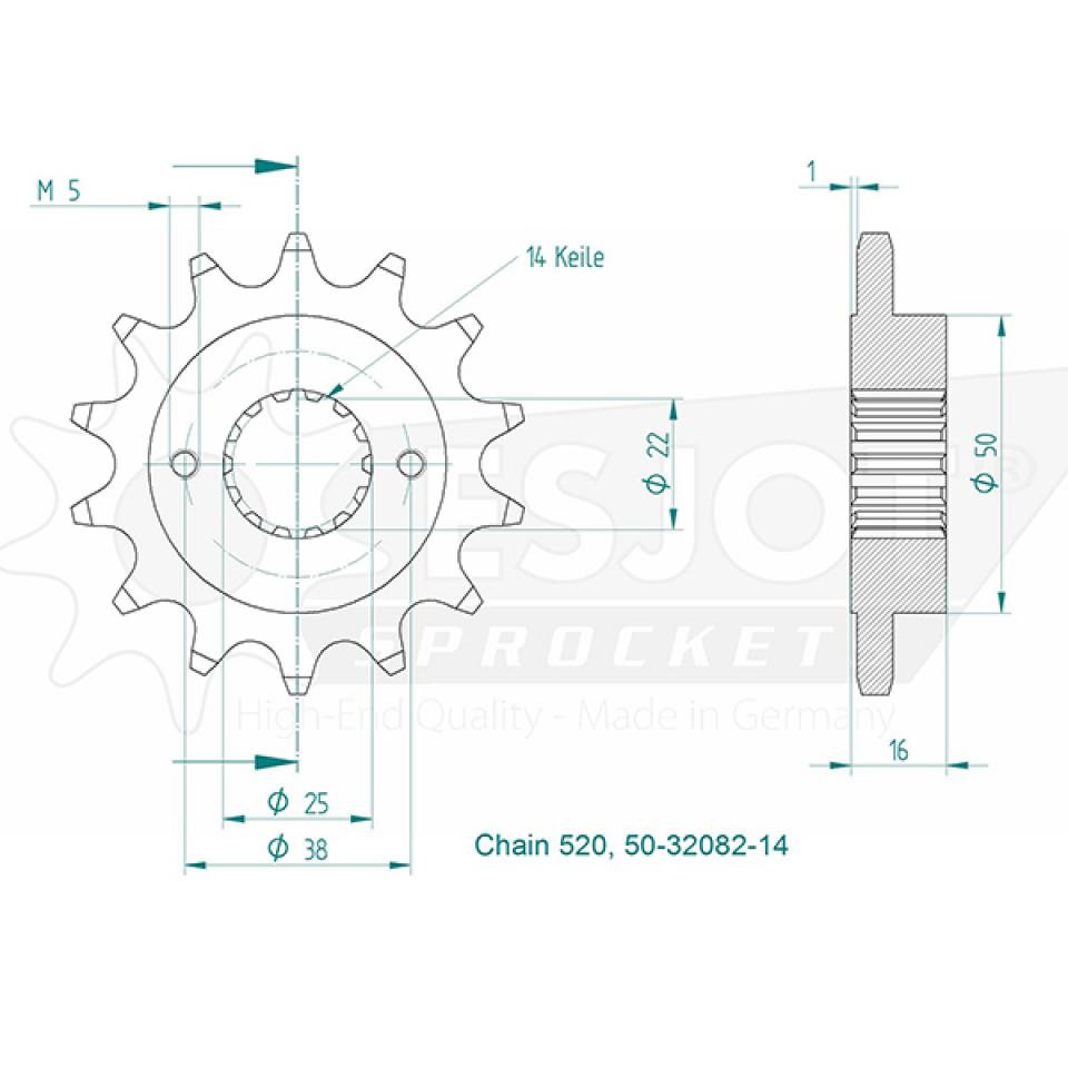 Pignon de sortie de boite Esjot pour Moto Ducati 748 R Superbike 2000 à 2002 14 dents pas 520 Neuf