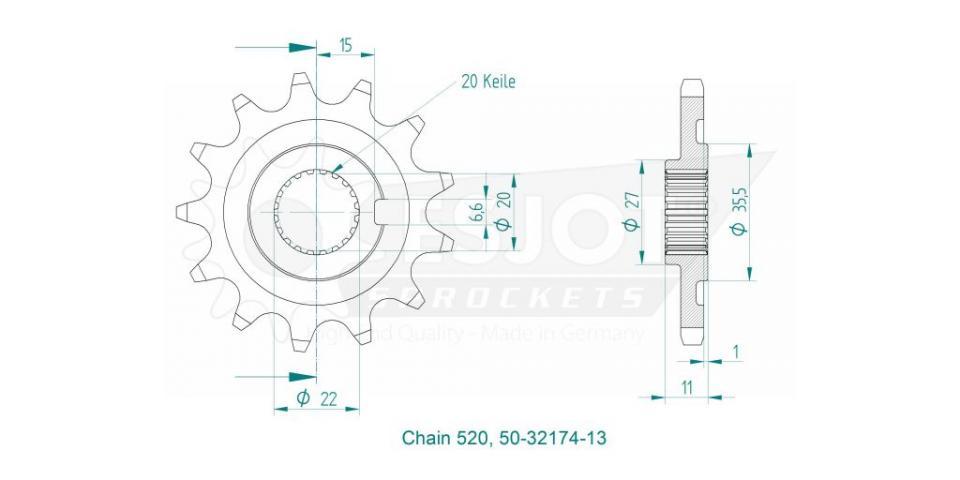 Pignon de sortie de boite Esjot pour Moto Sherco 300 Se I F 4T Enduro 2014 à 2018 13 dents pas 520 Neuf