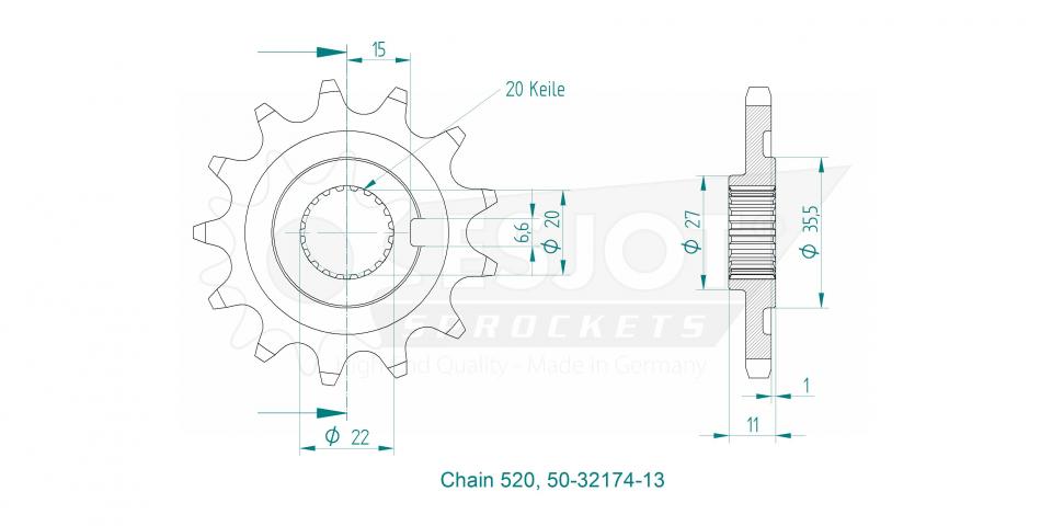 Pignon de sortie de boite Esjot pour Moto Sherco 300 SE 3.0 I F 4T ENDURO 2013 13 dents pas 520 Neuf