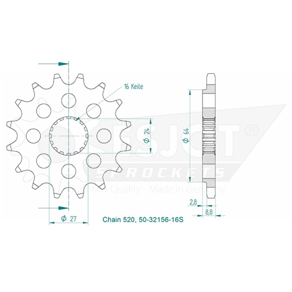 Pignon de sortie de boite Esjot pour Moto Suzuki 1000 Gsx-R 2011 à 2014 16 dents pas 520 Neuf