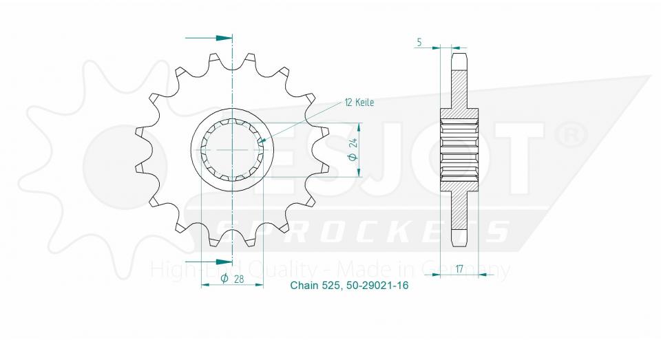 Pignon de sortie de boite Esjot pour moto 16 dents pas 525 Neuf