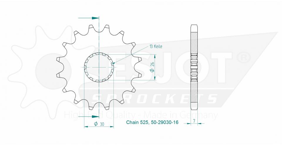 Pignon de sortie de boite Esjot pour moto 16 dents pas 525 Neuf