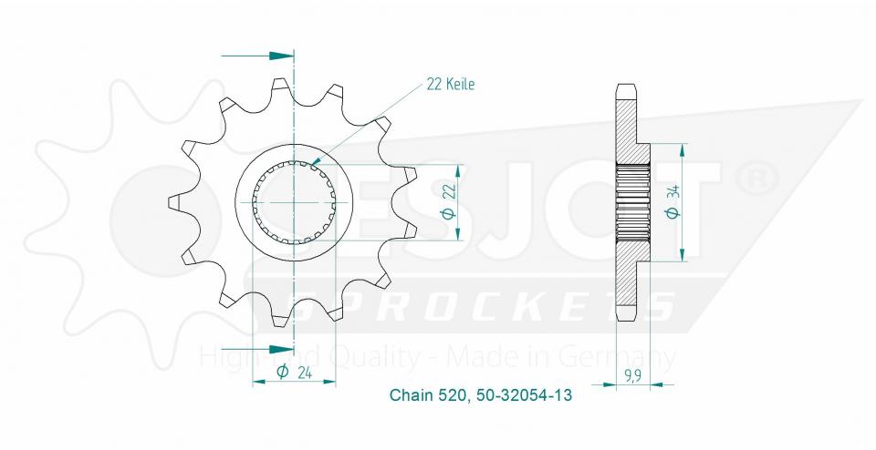 Pignon sortie de boite Esjot pour moto Aprilia 125 Tuareg Wind 13 dents pas 520