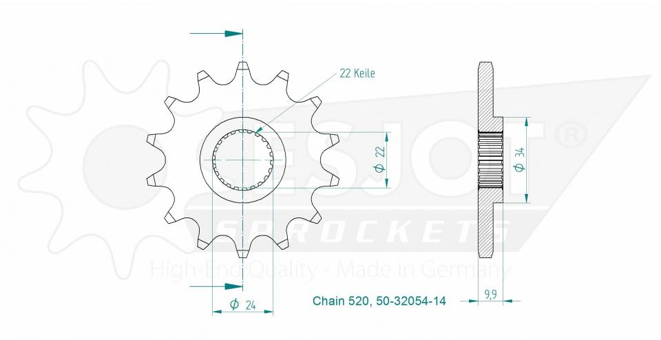 Pignon sortie de boite Esjot pour moto Aprilia 125 Tuareg Wind 14 dents pas 520