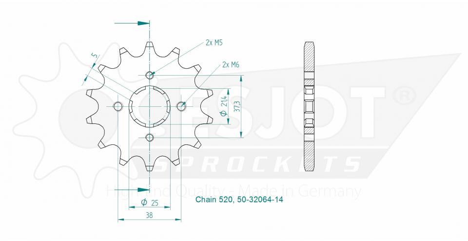 Pignon de sortie de boite Esjot pour moto Sachs 125 Roadster V2 1999 à 2005 14 dents pas 520 Neuf