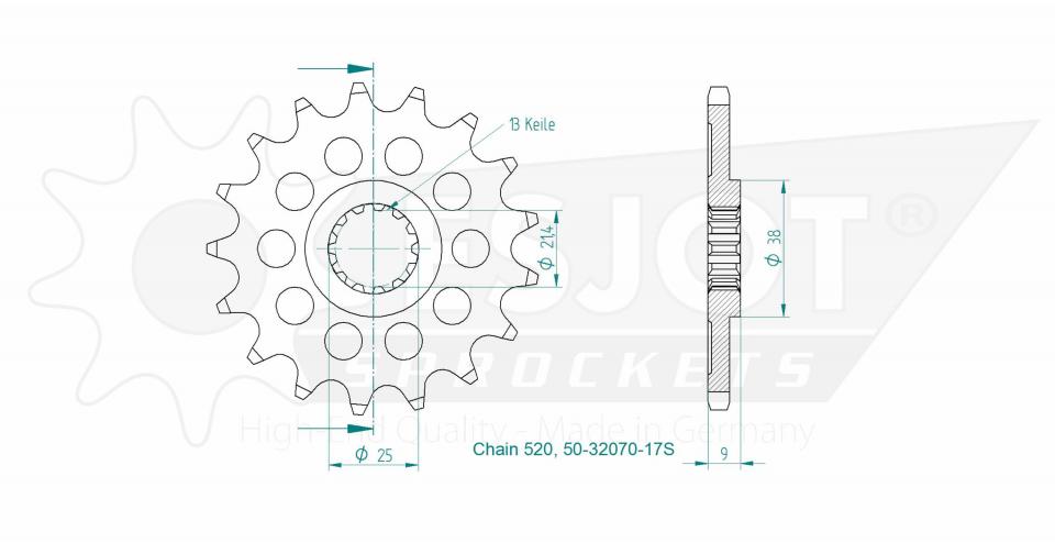 Pignon de sortie de boite Esjot pour moto 17 dents pas 520 Neuf