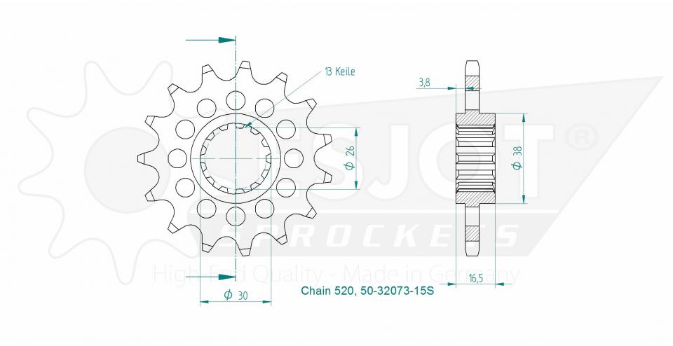 Pignon de sortie de boite Esjot pour moto 15 dents pas 520 Neuf