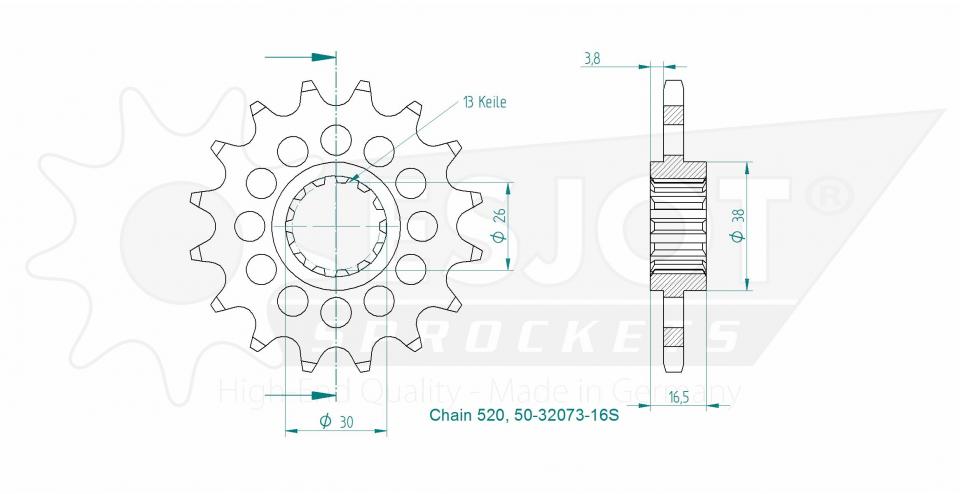Pignon de sortie de boite Esjot pour moto 16 dents pas 520 Neuf