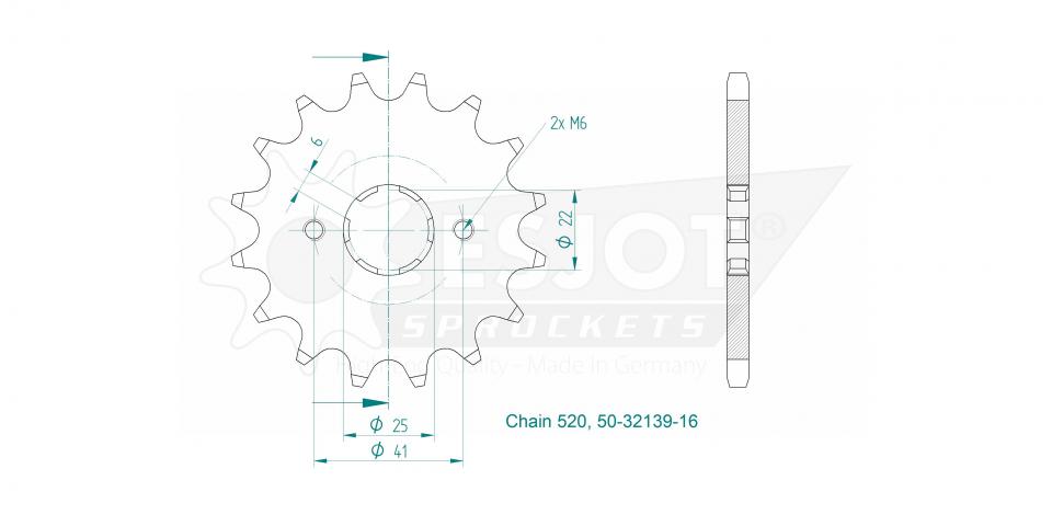Pignon de sortie de boite Esjot pour moto 50-32139-16 / 16 dents pas 520 Neuf