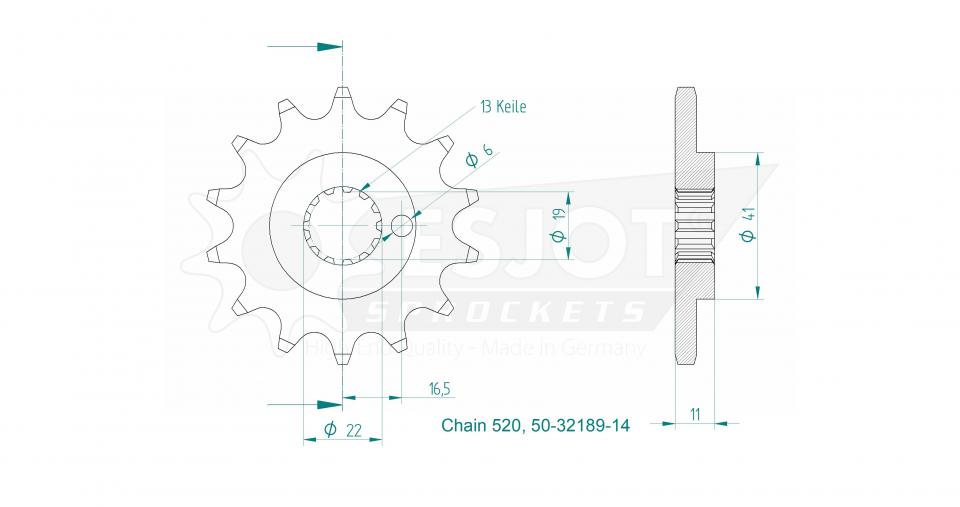 Pignon de sortie de boite Esjot pour moto Mondial 300 HPS I ABS 14 dents pas 520