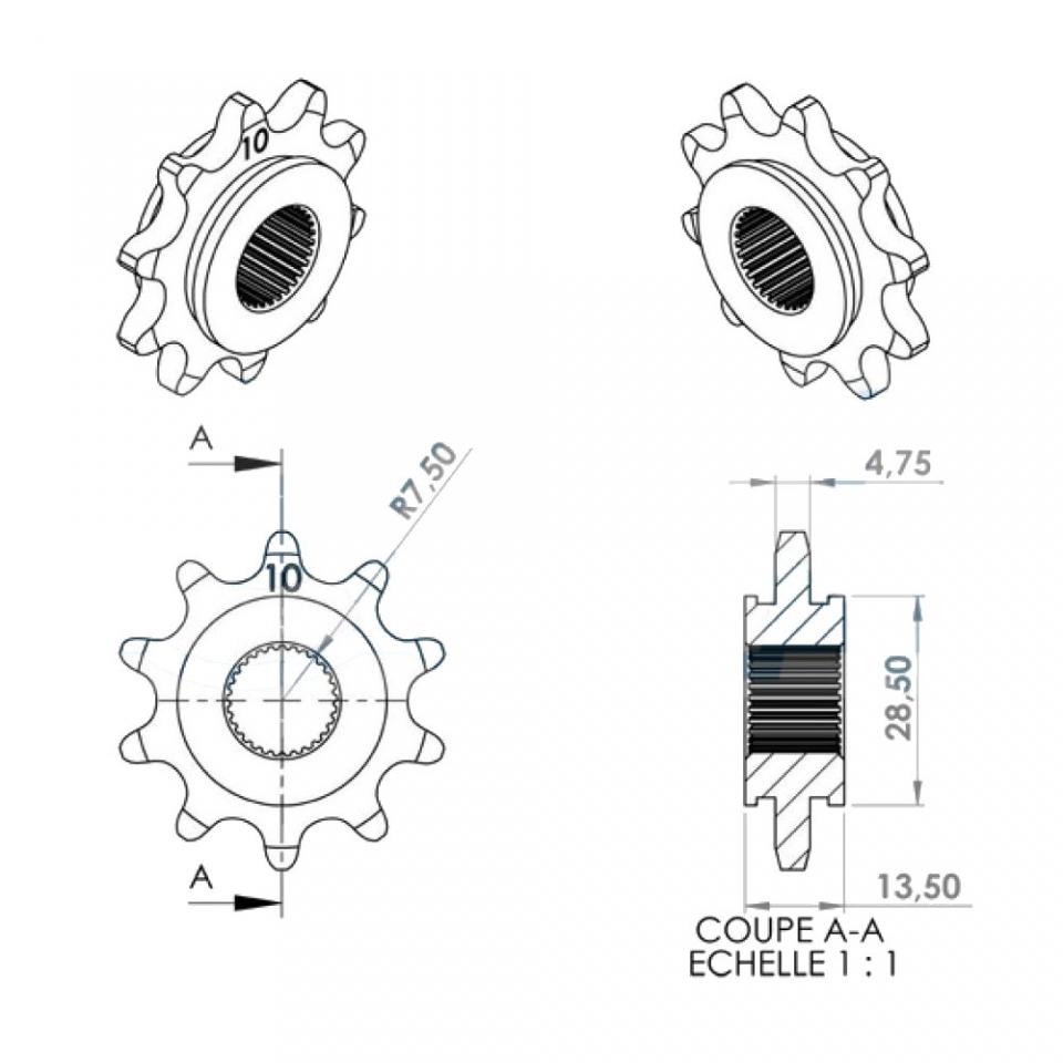 Pignon sortie de boite pour mobylette Peugeot 50 103 SPX 10 dents pas 415 Neuf