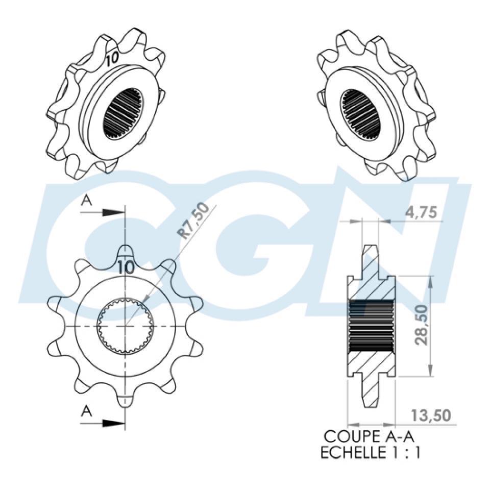 Pignon de sortie de boite SELECTION CGN MOTORISE pour Mobylette Peugeot 50 103 SPX 10 dents pas 415 Neuf