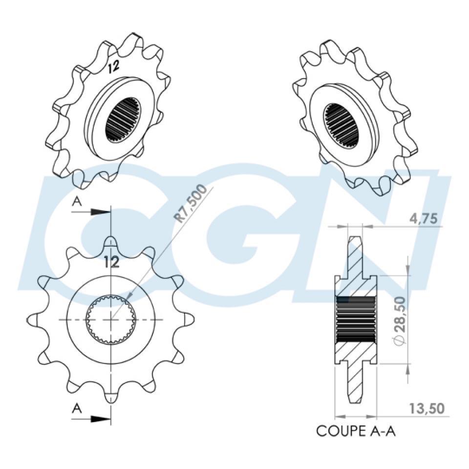 Pignon de sortie de boite Teknix pour Mobylette Peugeot 50 103 SPX 12 dents Neuf