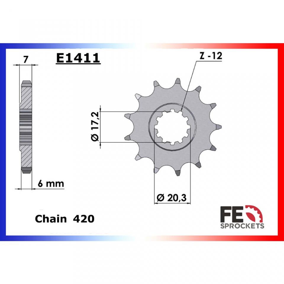 Pignon de sortie de boite France Equipement pour Moto Yamaha 50 TZR 1997 à 2011 E1411.13 / 13 dents pas 420 Neuf