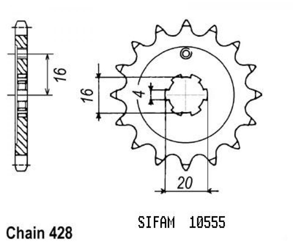 Pignon de sortie de boite Sifam pour Moto Kawasaki 80 Kx Grandes Roues 1990 14 dents pas 428 type 555 Neuf