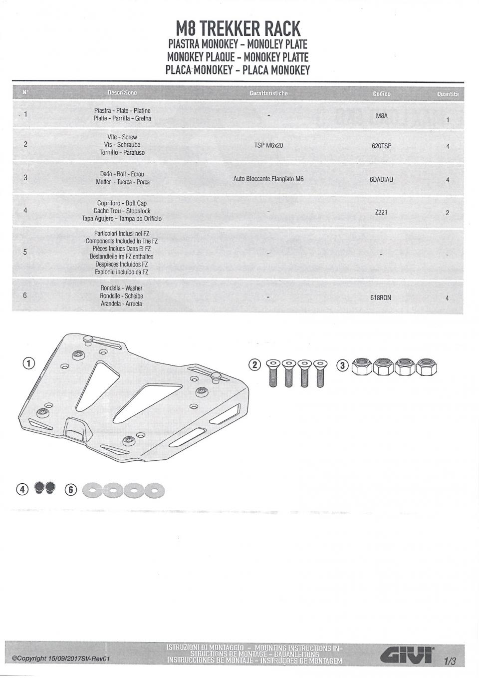 Platine support de top case GIVI MONOKEY M8B Noir pour moto scooter Neuf