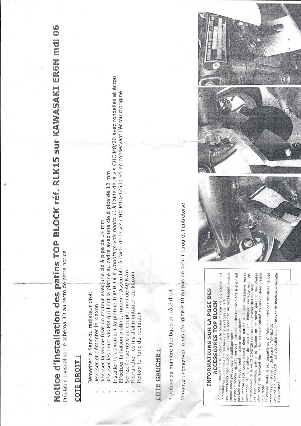 Kit tampon protection Top Block RLK15 pour moto Kawasaki 650 ER6-N 2006