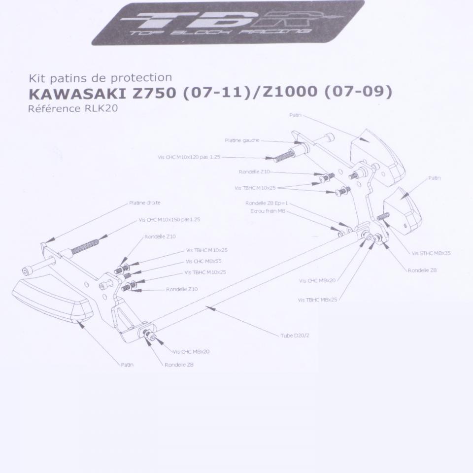 Tampon pare carter TBR pour Moto Kawasaki 750 Z 2007 à 2011 RLK20 Neuf