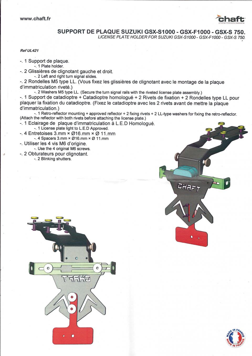 Kit support plaque immatriculation Chaft pour moto Suzuki Gsx-S 1000 UL421 Noir