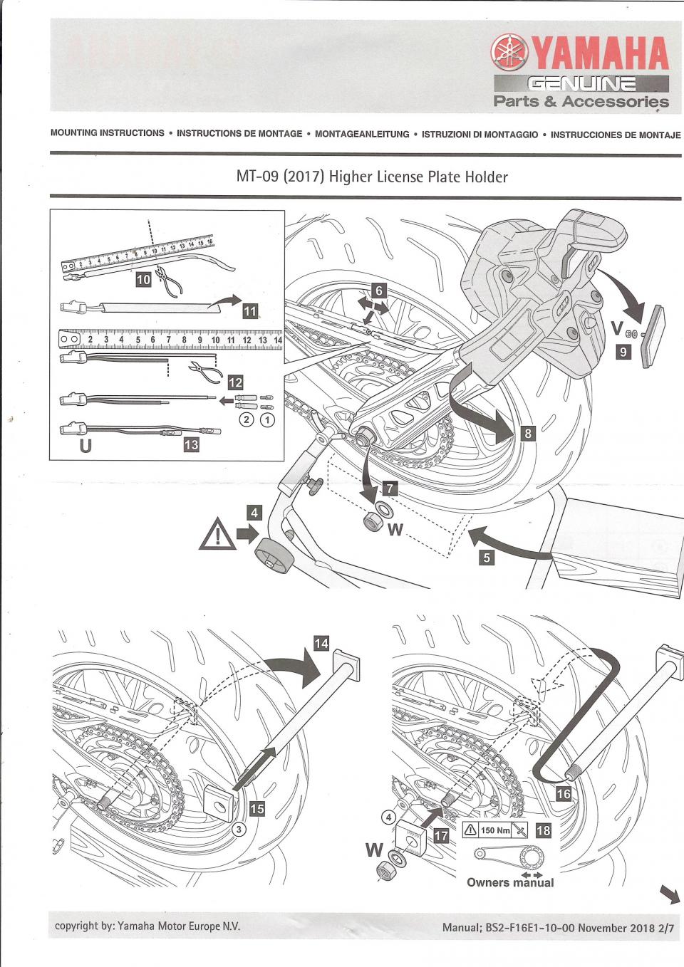 Support Haut LED plaque immatriculation pour moto Yamaha 850 MT-09 BS2F16E01000