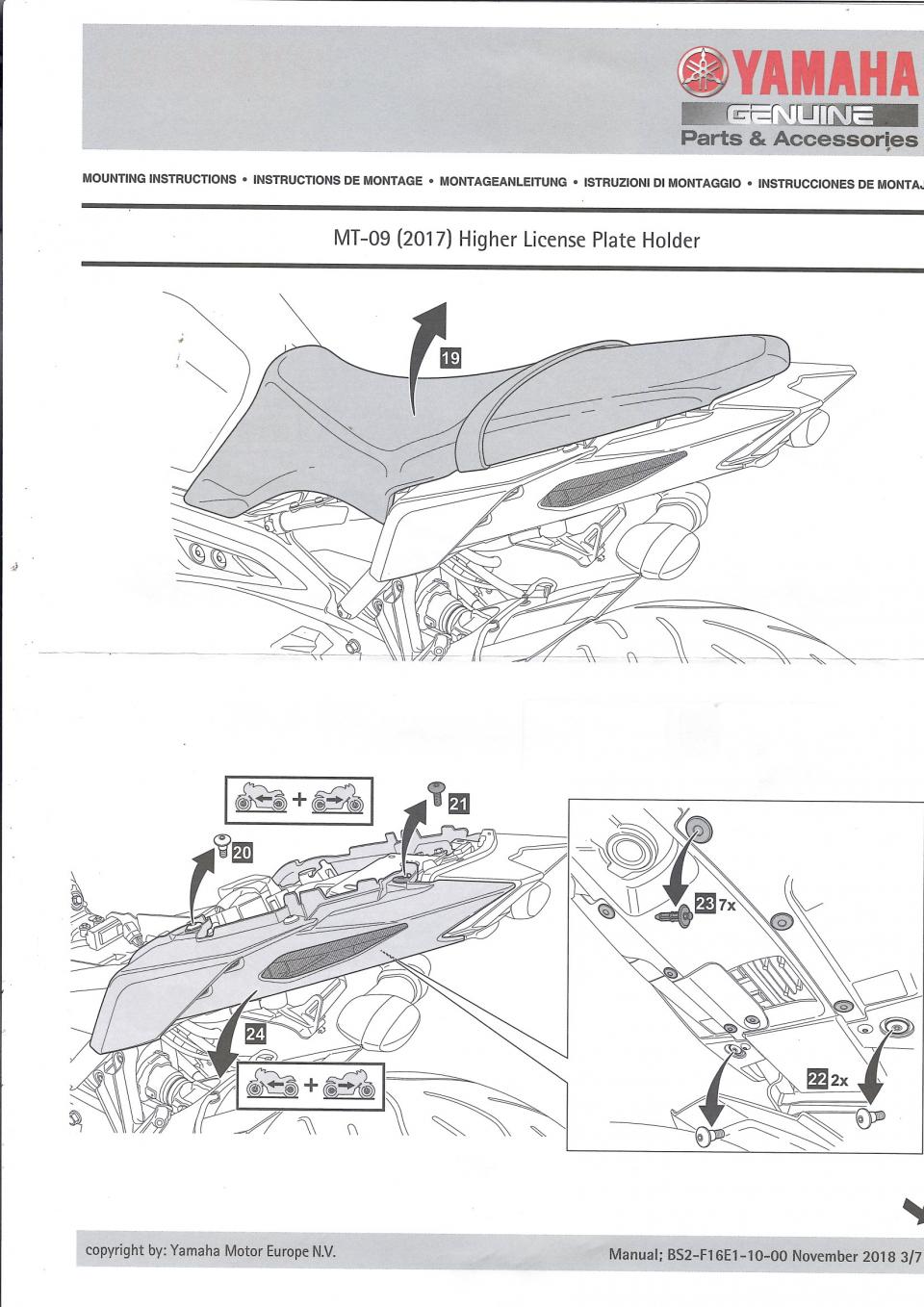 Support Haut LED plaque immatriculation pour moto Yamaha 850 MT-09 BS2F16E01000