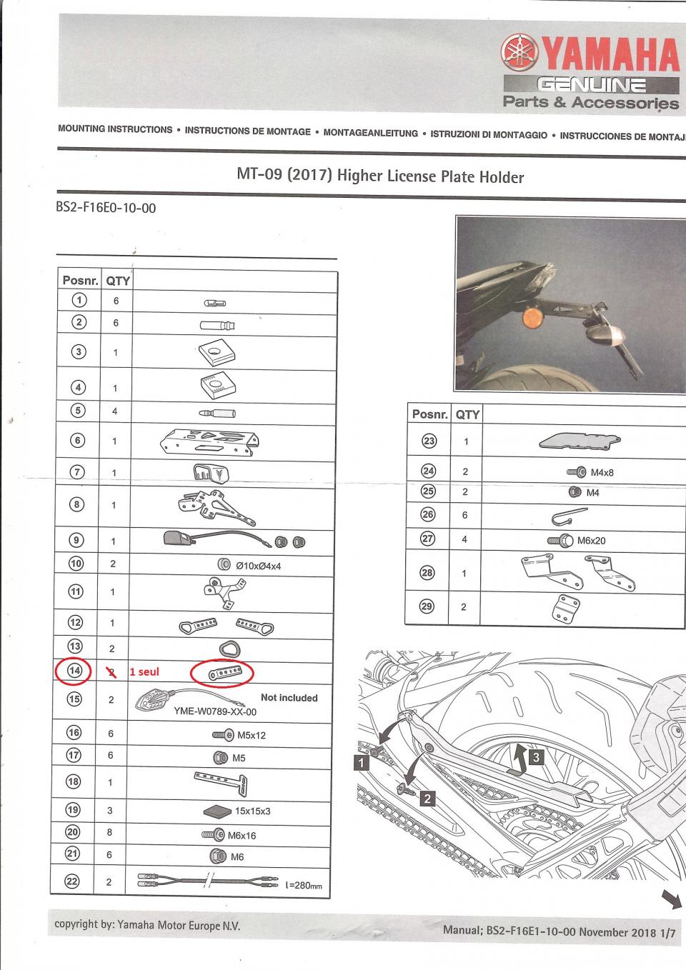 Support Haut LED plaque immatriculation pour moto Yamaha 850 MT-09 BS2F16E01000