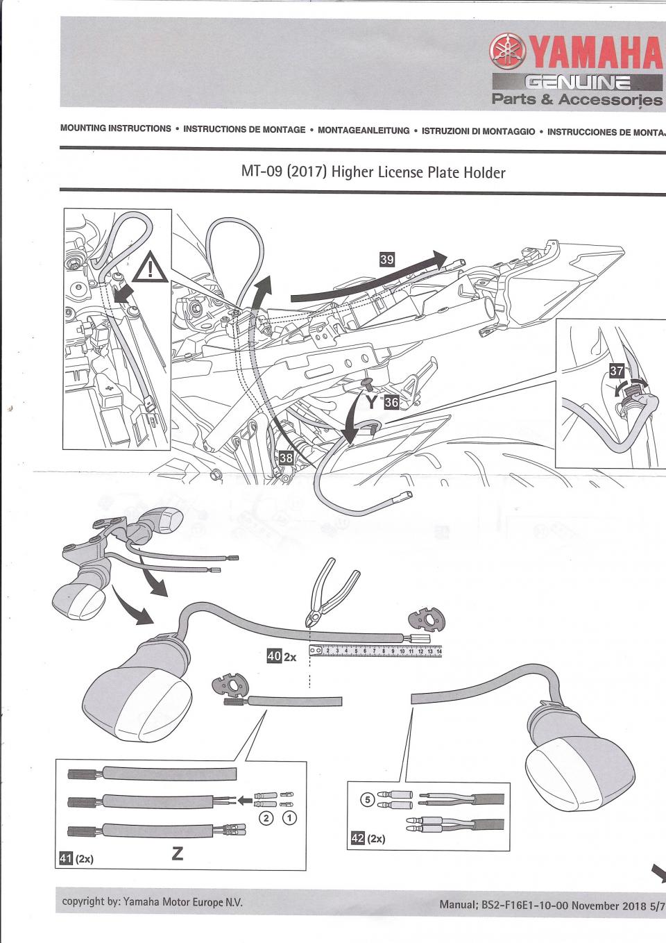 Support Haut LED plaque immatriculation pour moto Yamaha 850 MT-09 BS2F16E01000