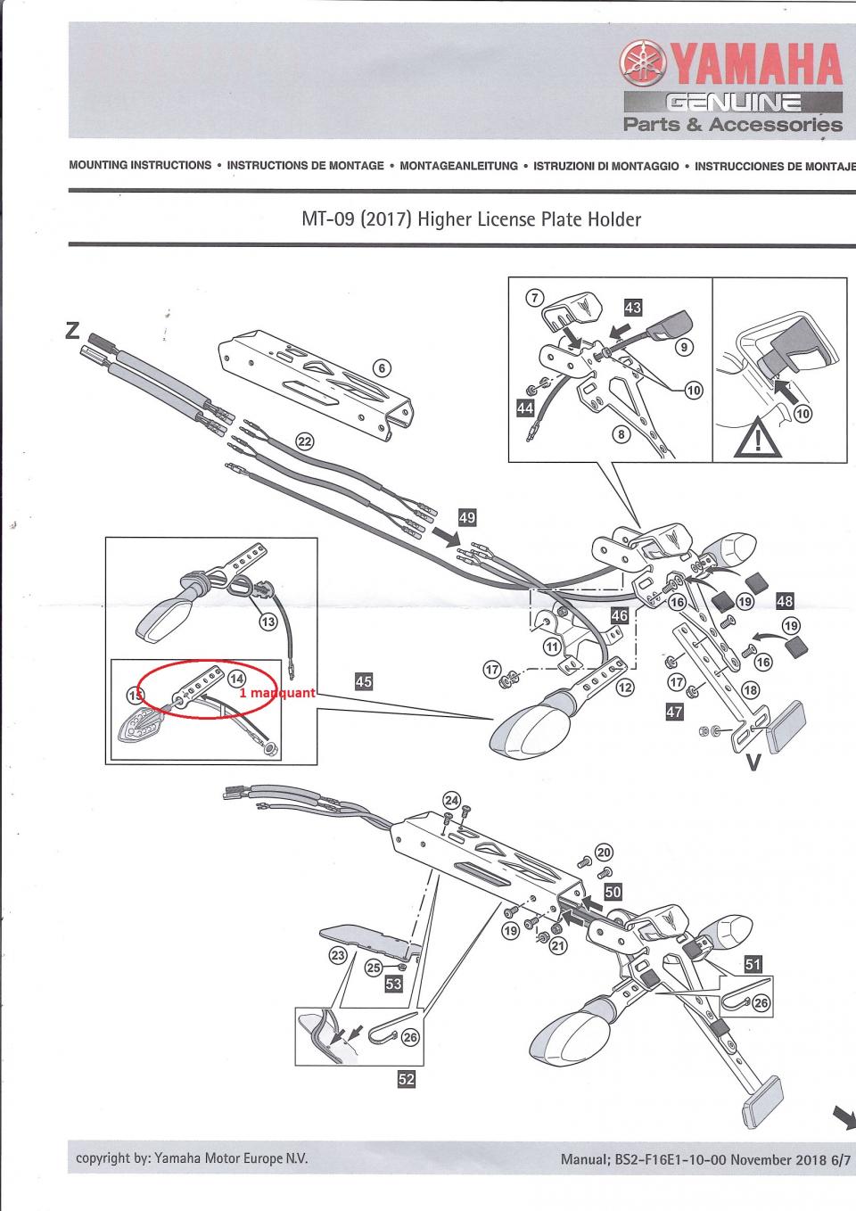 Support Haut LED plaque immatriculation pour moto Yamaha 850 MT-09 BS2F16E01000