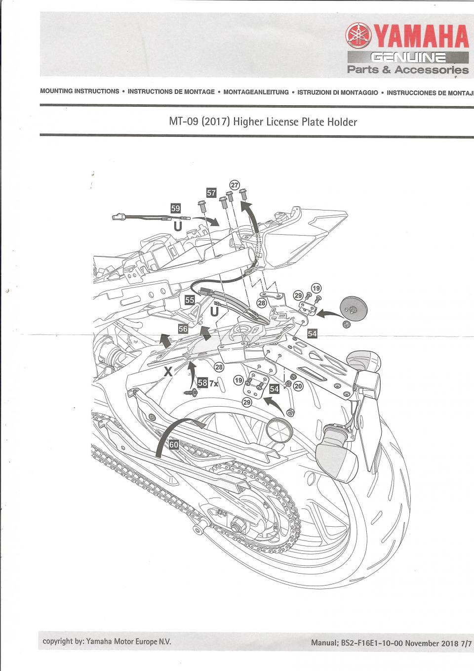 Support Haut LED plaque immatriculation pour moto Yamaha 850 MT-09 BS2F16E01000