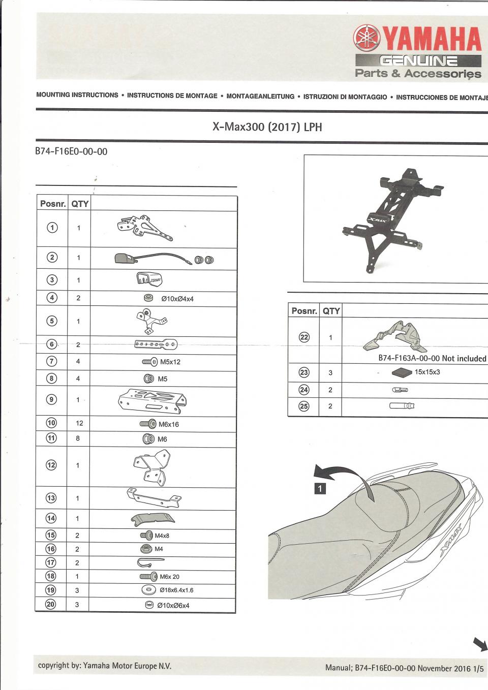 Support de plaque immatriculation LED pour scooter Yamaha 125 X-Max B74F16E00000