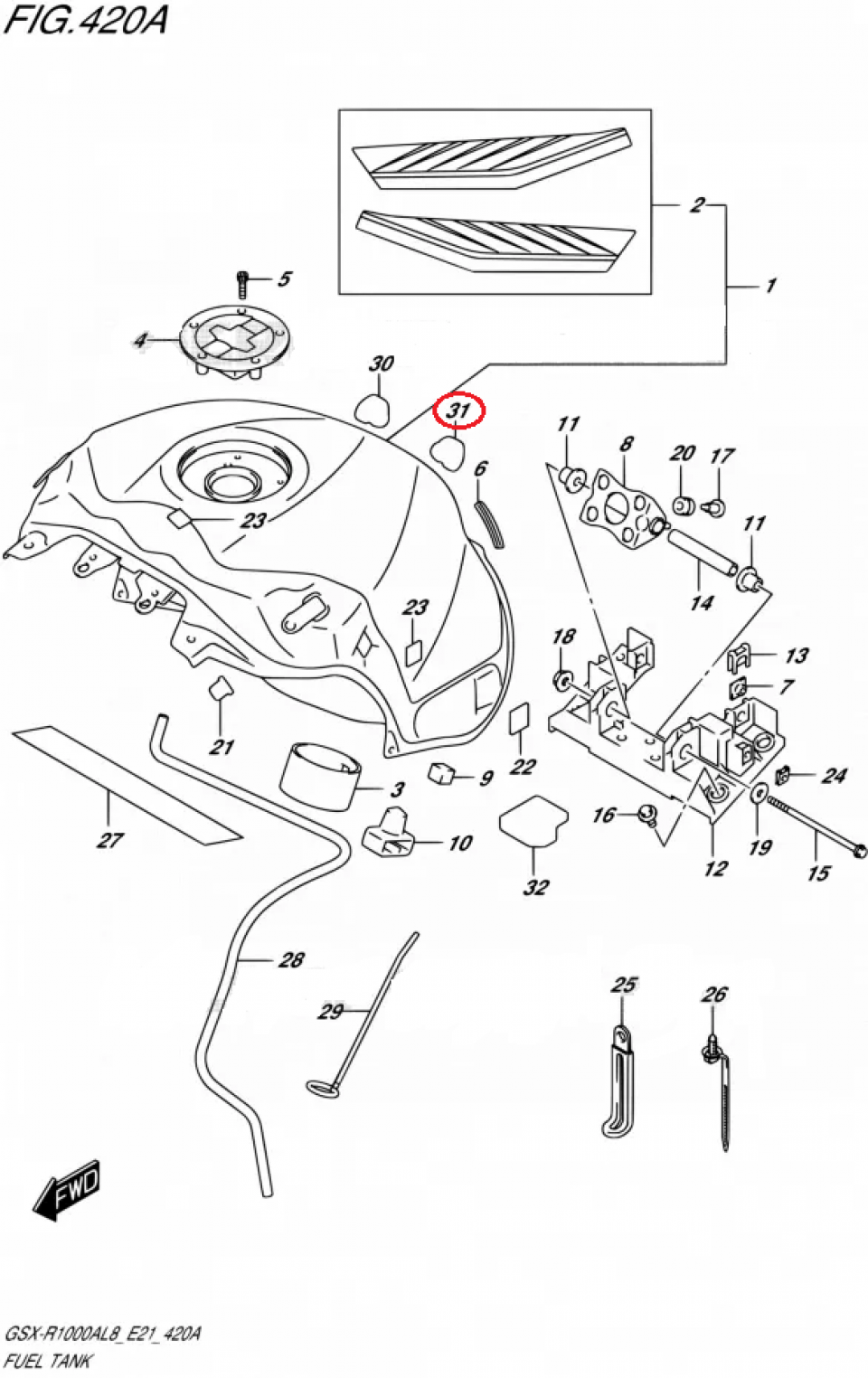 Protection de réservoir origine pour moto Suzuki 1000 GSXR 2018 44286-17K00-000