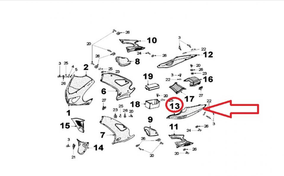 Coque arrière gauche pour moto Peugeot 50 XR6 2004 à 2007 754406RT Rouge Neuf