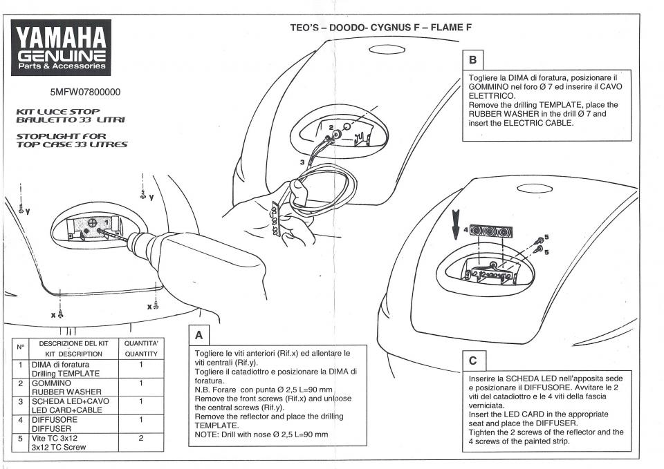 Kit feu stop additionnel top case 33L pour scooter Yamaha Teos 5MF-W0780 Neuf