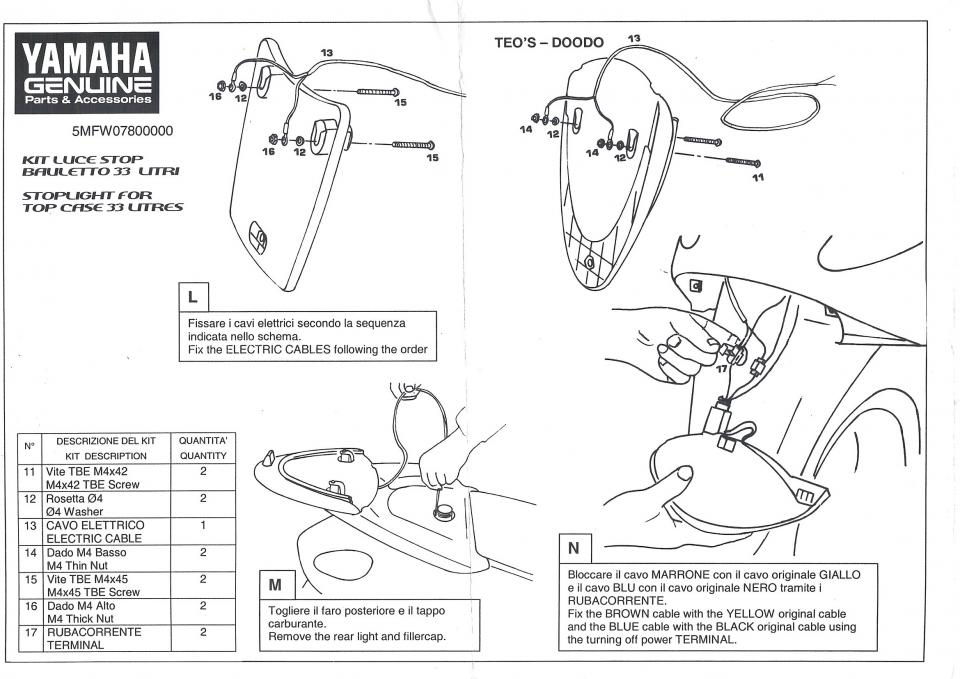 Kit feu stop additionnel top case 33L pour scooter Yamaha Teos 5MF-W0780 Neuf