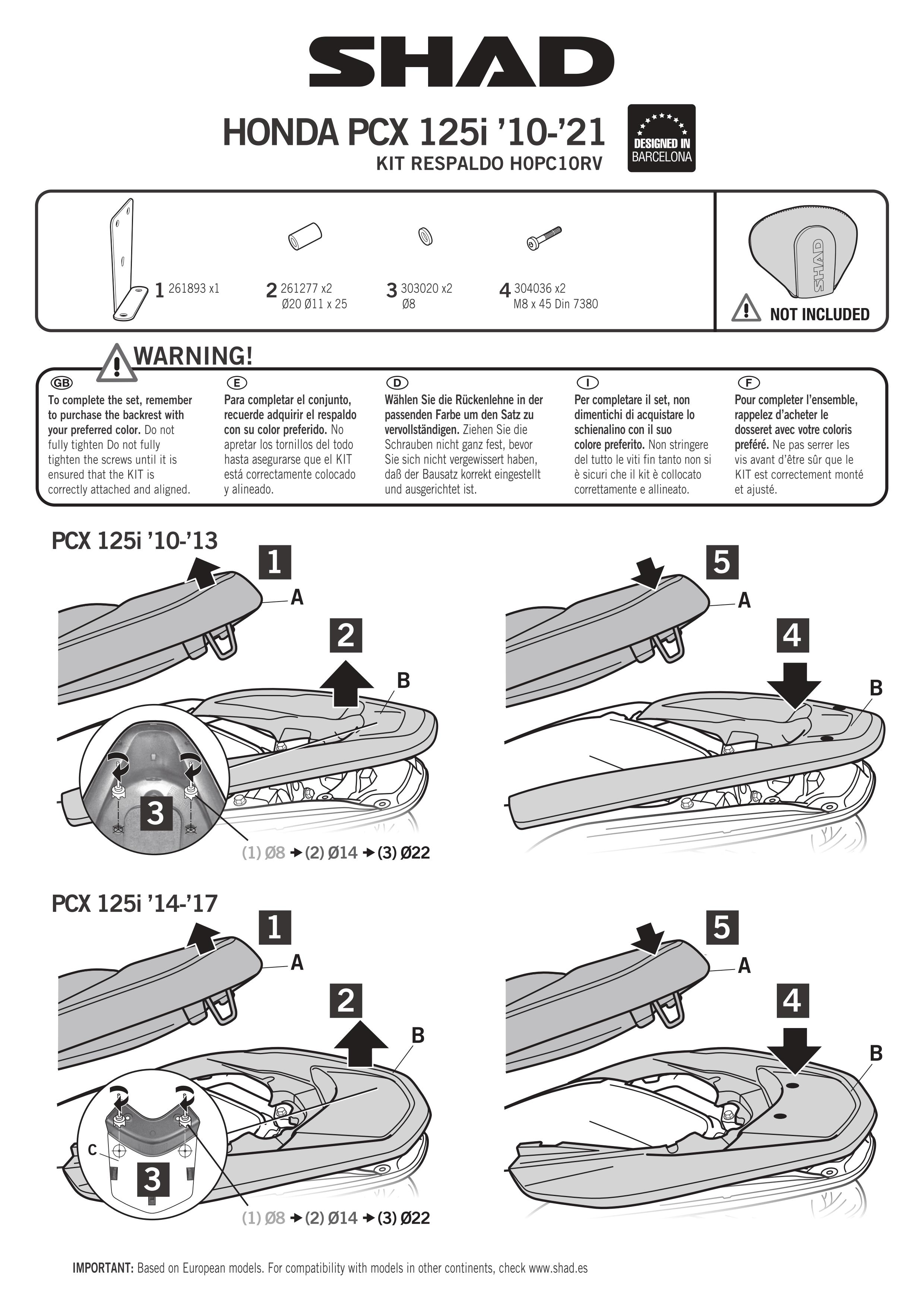 Kit fixation dosseret de selle Shad pour scooter Honda 125 PCX H0PC10RV