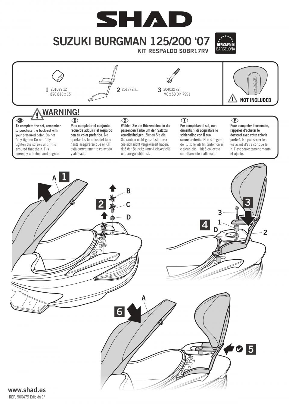 Kit fixation dosseret de selle Shad pour Scooter Suzuki 125 Uh Burgman Avant 2007 Neuf