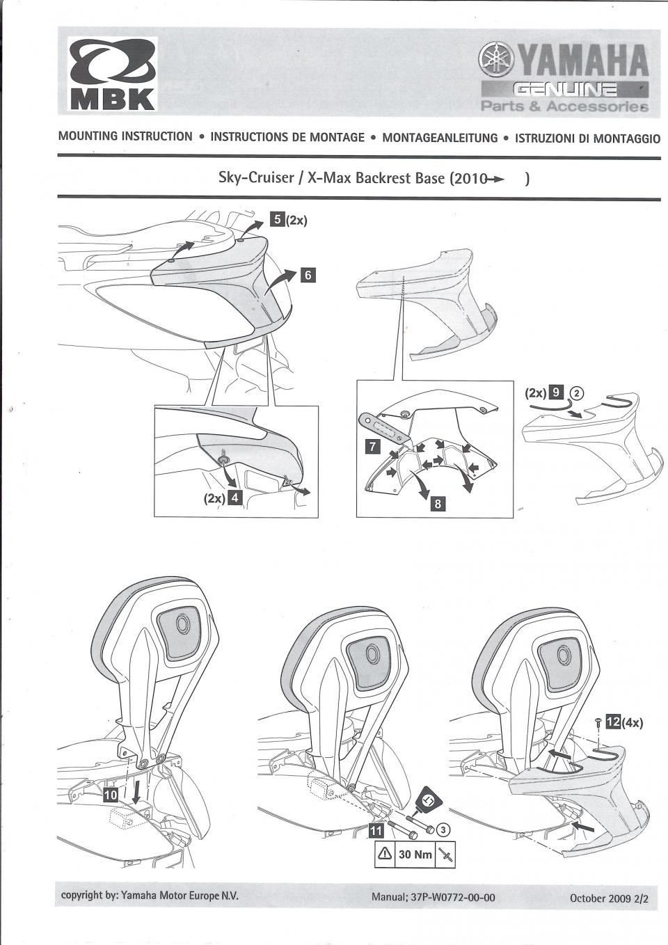 Kit fixation dosseret de selle pour scooter Yamaha 125 X-Max 37P-BR772-00 Gris