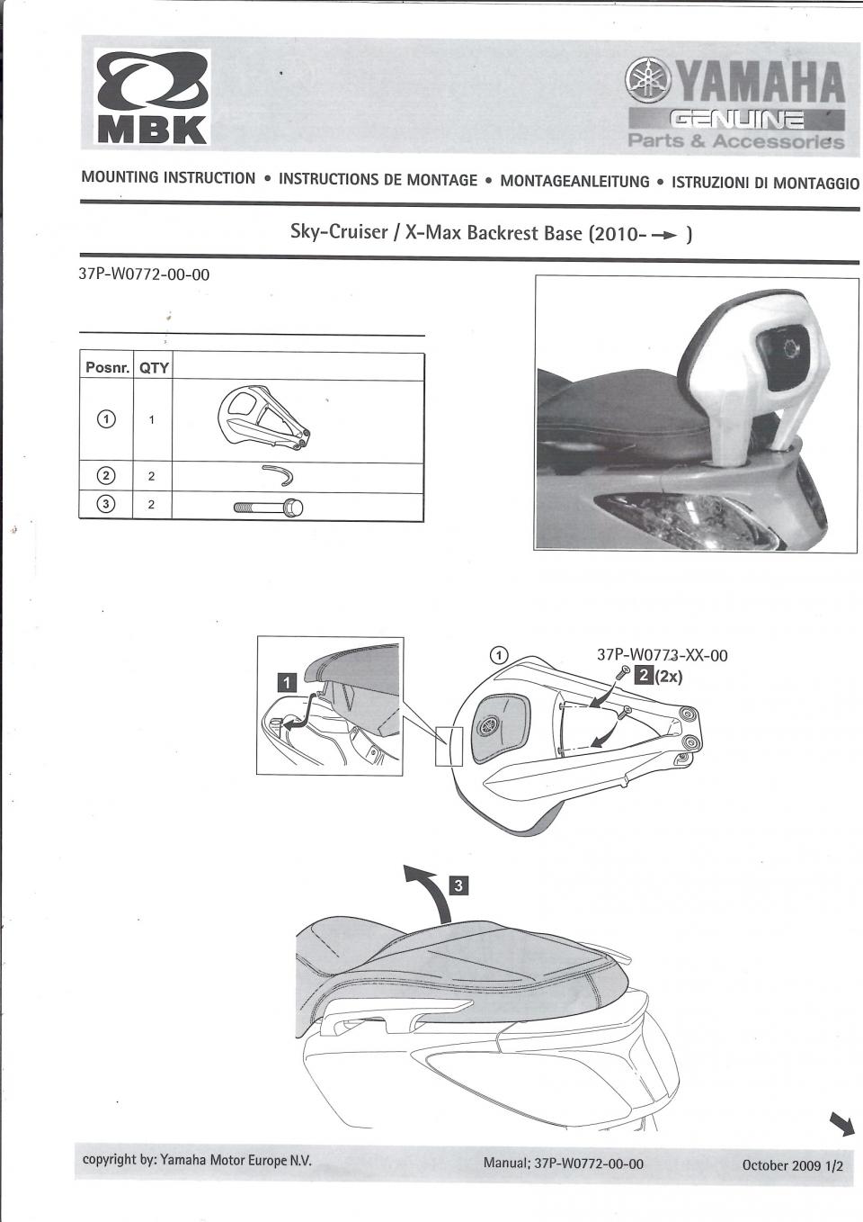 Kit fixation dosseret selle pour scooter Yamaha 125 X-Max 37P-BR772-00-01 Noir