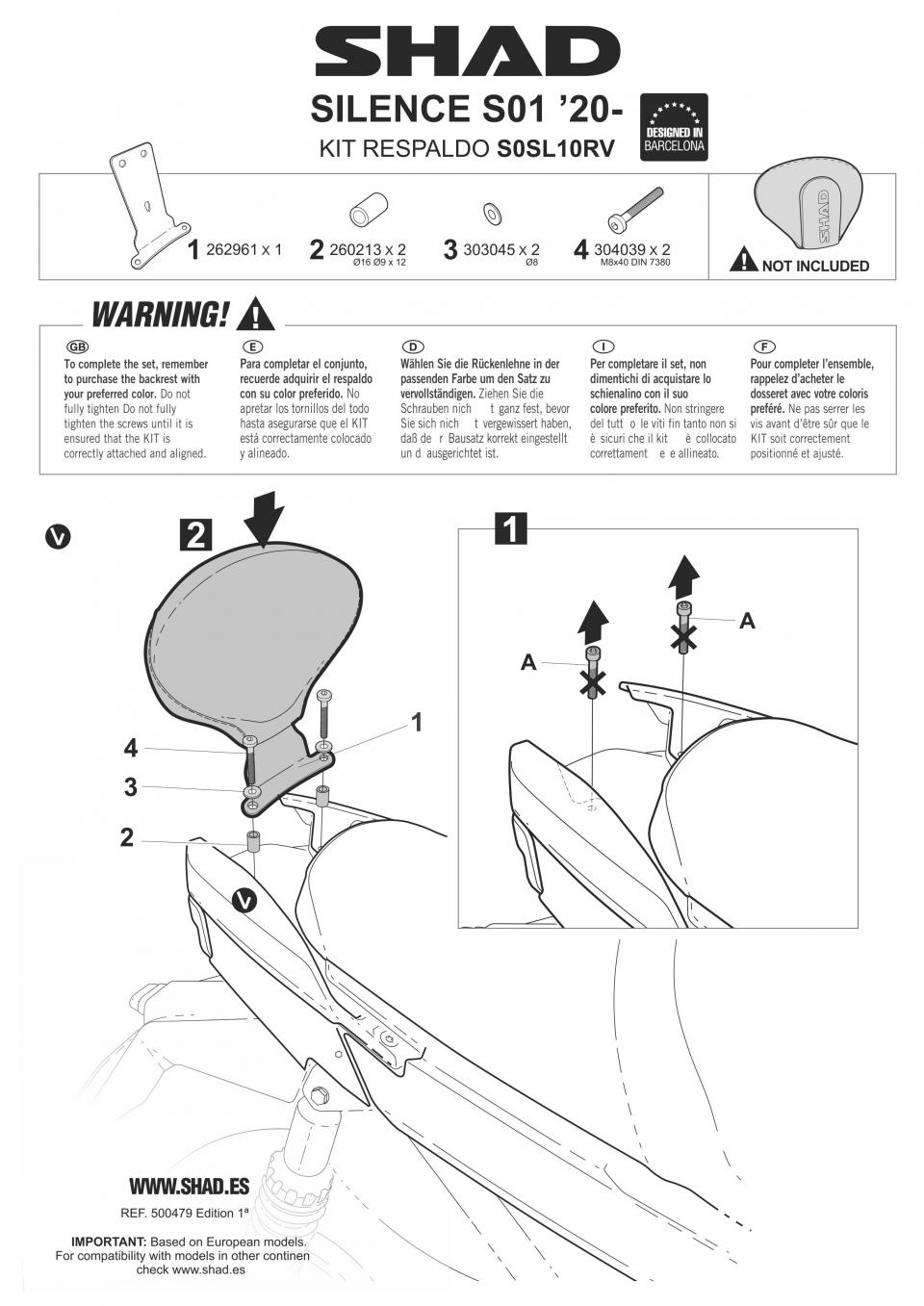 Kit fixation dosseret de selle Shad pour ULM SILENCE EL S01 2020 à 2023 Neuf