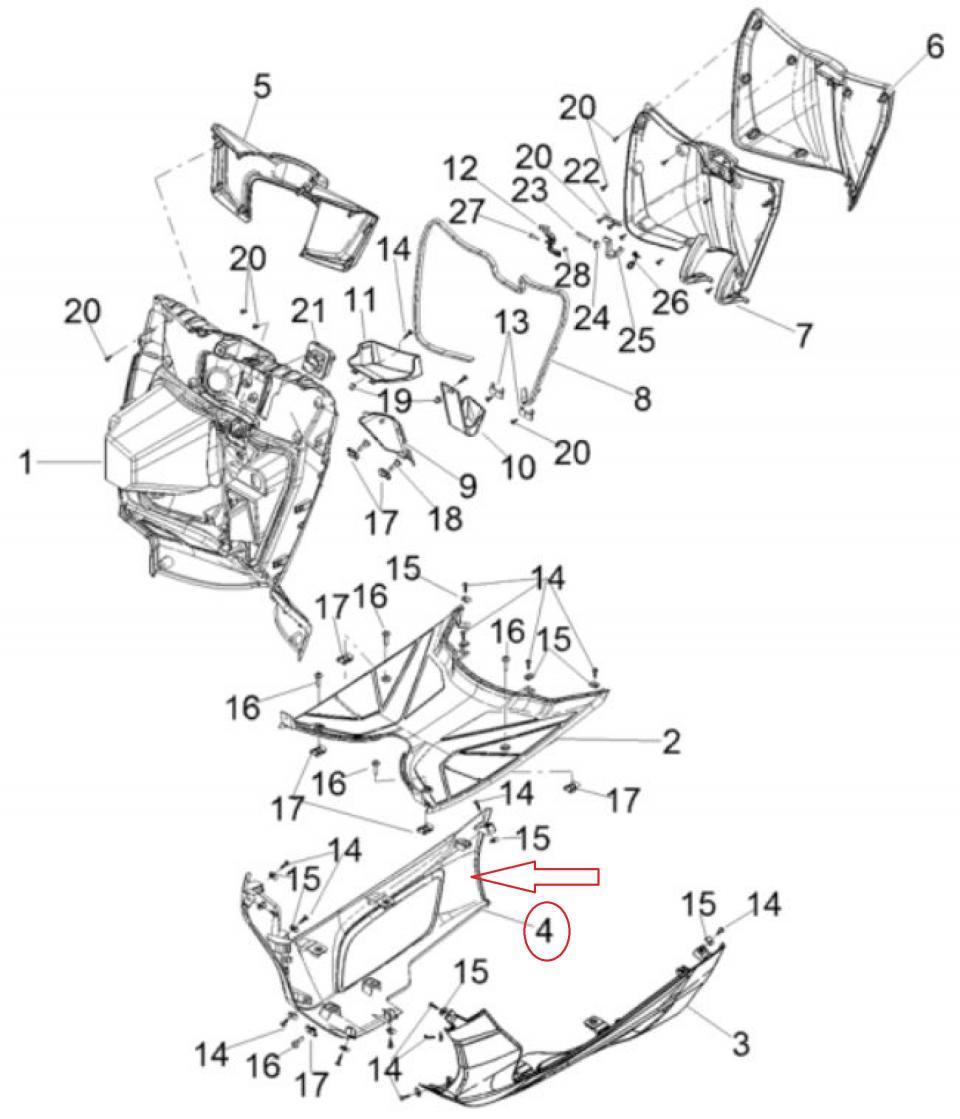 Sabot bas caisse droit pour scooter Aprilia 160 SXR SP1B007706R7 rouge 894 Neuf